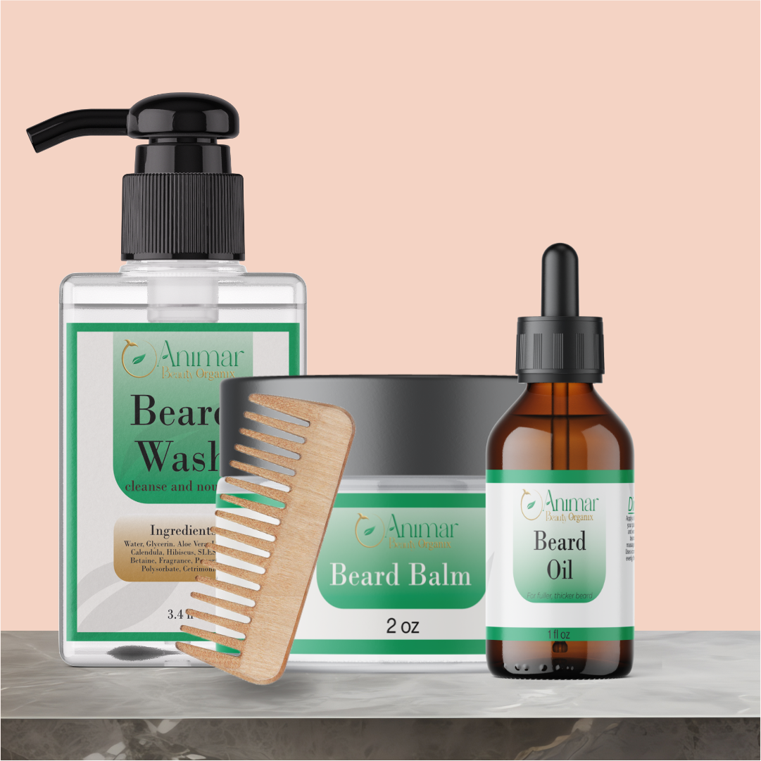 image of our beard wash, balm and oil with a comb