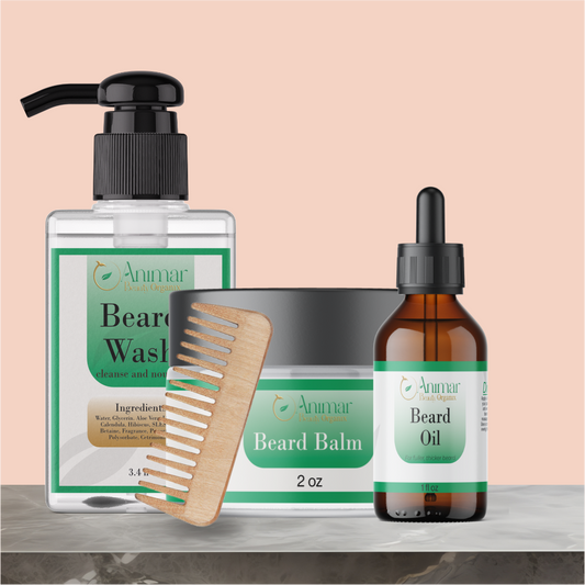 image of our beard wash, balm and oil with a comb